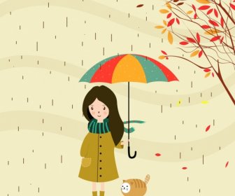 Autumn Background Cartoon Manner Little Girl Under Rain