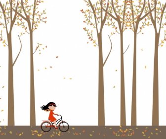 Autumn Background Estilo Cartoon Little Girl Ridding Bicicleta