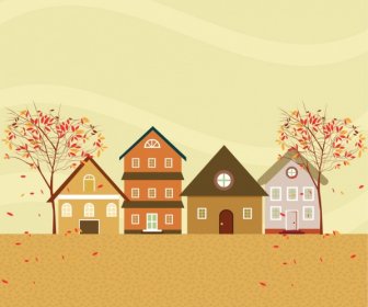Autumn Background Colorful Houses Falling Leaves Decoration