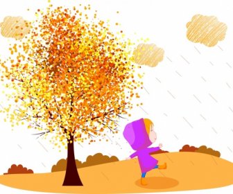 Autumn Background Colorful Tree Playful Kid Cartoon Design