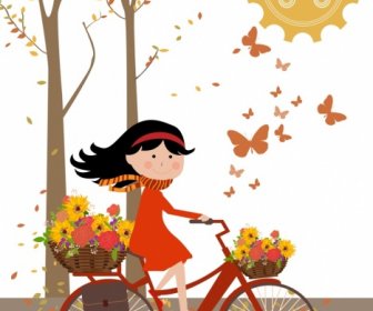 Autumn Background Cute Girl Riding Bicycle Colored Cartoon