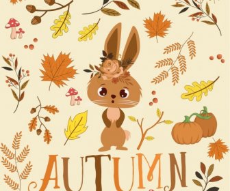 Autumn Background Cute Rabbit Leaves Icons Ornament