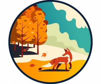Autumn Background Fox Trees Sketch Circle Isolated