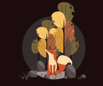 秋季背景狐狸樹素描多彩暗設計