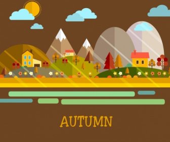 Autumn Background Houses Trees Clouds Icons Multicolored Design