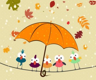 Autumn Background Perching Birds Falling Leaves Umbrella Icons