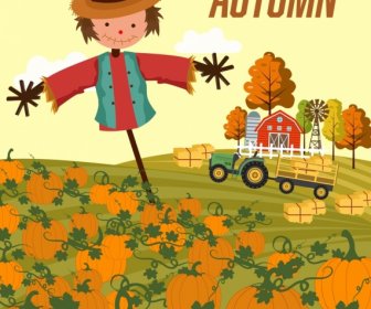 Autumn Background Pumpkin Farm Dummy Icons Cartoon Design