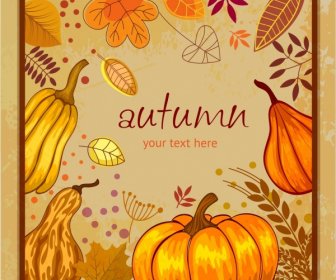 Autumn Background Pumpkin Leaves Icons Decoration Retro Design