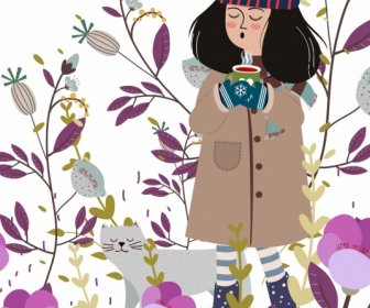 осень фон расслабленная девушка пальто цветы иконки декор
