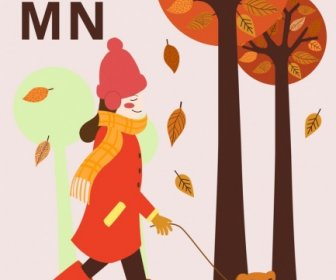 Autumn Background Walking Woman Pet Trees Cartoon Design