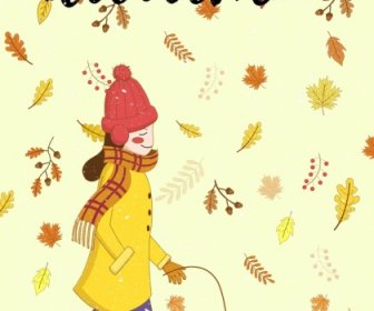 Autumn Background Woman Pet Icons Falling Leaves Backdrop