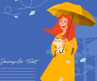 Sonbahar Arka Plan Kadın şemsiye Rüzgar Yaprak Simgeler Uçan