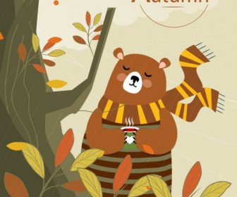 Autumn Banner Cute Stylized Bear Icon Cartoon Character