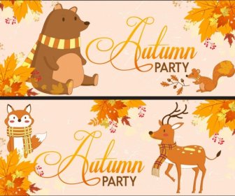 Autumn Banner Sets Bear Reindeer Fox Brown Leaves
