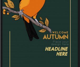 Sonbahar Afiş şablonu Tünemiş Kuş Kroki Koyu Retro
