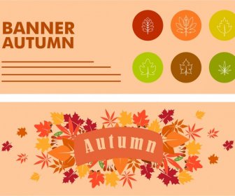 Autumn Banners Design Various Leaves Decoration Style