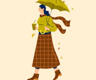 秋の衣装アイコン女性風の傘スケッチ