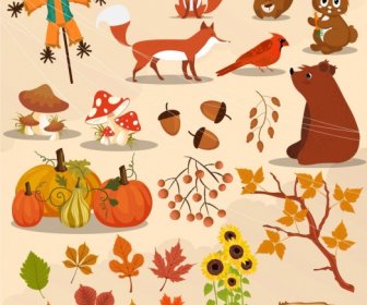 Herbst Designelemente Farbige Tiere Pflanzen Icons