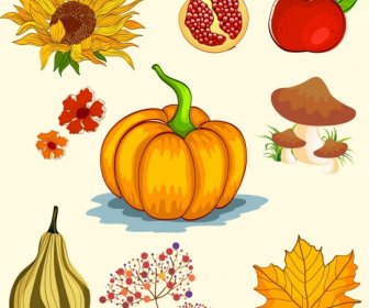 秋デザイン要素フルーツきのこひまわり葉アイコン