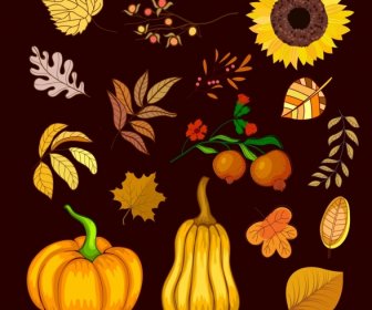 Autumn Design Elements Fruits Flowers Leaves Icons