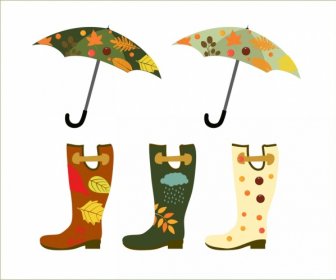 Autumn Design Elements Umbrella Boot Icons Leaves Decoration