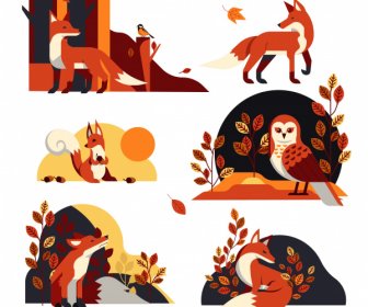 Herbst Design Elemente Wild Fox Eulenblätter Skizze