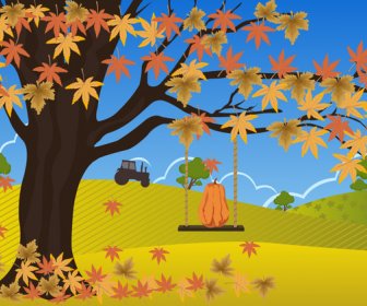 Autumn Drawing Design With Falling Leaves On Field