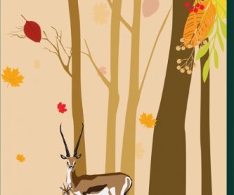 Autumn Forest Drawing Cartoon Manner Reindeer Trees Decoration