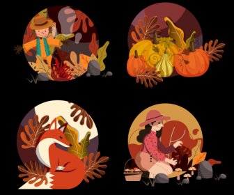 秋天图标五颜六色的经典自然元素装饰