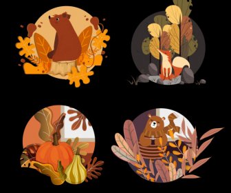 Autumn Icons Dark Colorful Classic Symbols Sketch