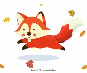 Autumn Icons Joyful Fox Falling Leaves Cartoon Design