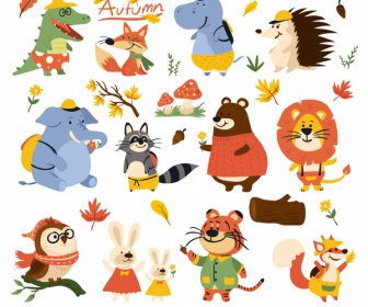 Iconos De Otoño Estilizado Animales Hoja Dibujos Animados Diseño
