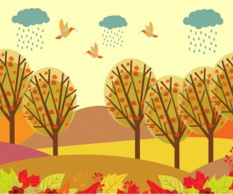 Autumn Landscape Drawing Colorful Cartoon Birds Trees Decoration