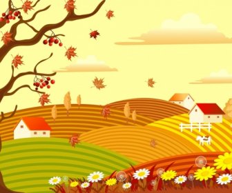 Autumn Landscape Drawing Countryside Scenery Leafless Tree