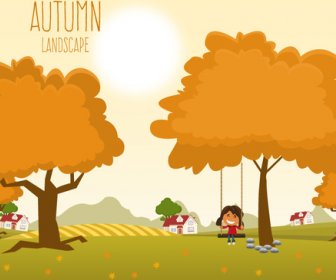 Autumn Landscape Under Sunshine Vector Illustration