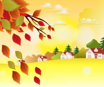 Musim Gugur Lanskap Vektor Ilustrasi Dengan Rumah Dan Pohon