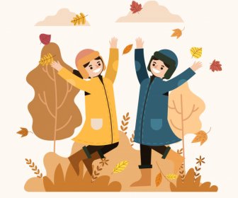 Herbstmalerei Aktive Freudige Freunde Fallende Blätter Skizze