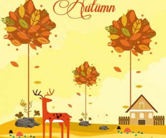 Autumn Painting Falling Leaf Reindeer Icons Cartoon Design
