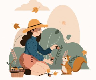 Autumn Painting Girl Squirrel Wind Sketch Cartoon Design