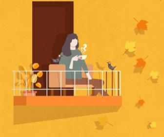 Autumn Painting Relaxing Woman Falling Leaves Cartoon Design
