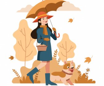 가을 그림 산책 소녀 개 아이콘 만화 스케치