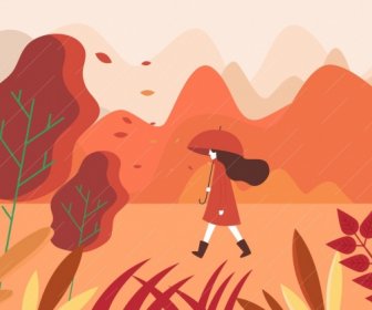 Autumn Painting Walking Woman Rain Icons Cartoon Design