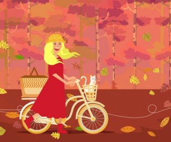 가 그림 여자 자전거 떨어지는 나뭇잎 장식