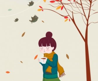 秋絵画女性落下葉の鳥漫画デザイン