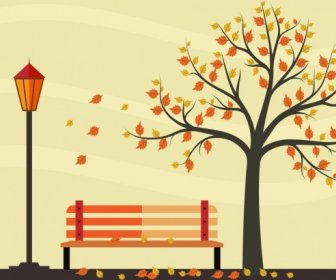 Осенний парк чертеж красочные листья дерева скамьи украшение