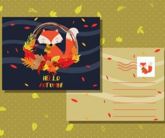 Raposa De Modelo De Cartão Postal Outono Folhas Decoração De ícones