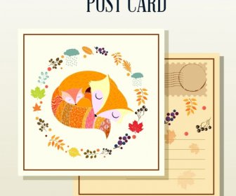 Herbst Postkarte Vorlage Fuchs Pflanzen Symbole Klassisches Design