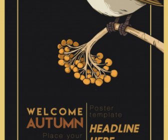秋ポスターテンプレート暗いレトロなデザインの鳥のスケッチ