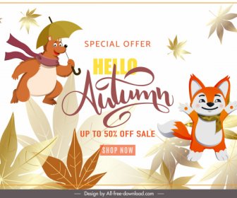 Autumn Sale Banner Cute Stylized Animals Leaves Sketch