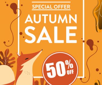 Autumn Sale Banner Fox Leaves Pumpkin Sketch